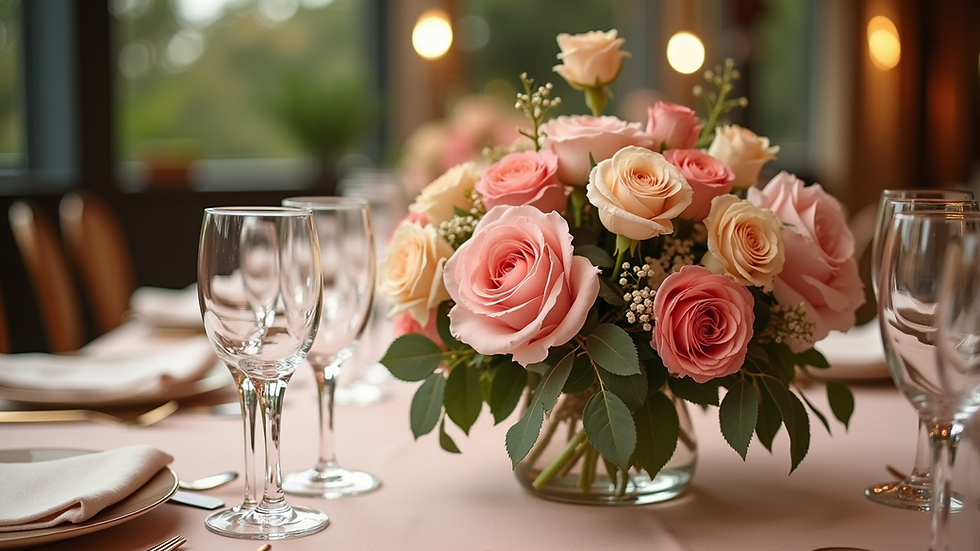 Close-up view of luxury floral centerpiece on event table