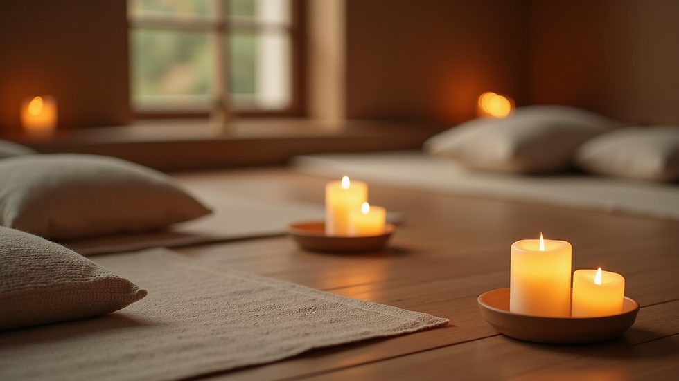 Close-up view of a serene meditation space with cushions and candles