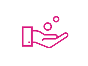 Pink outline of an open hand with three descending circles above it.