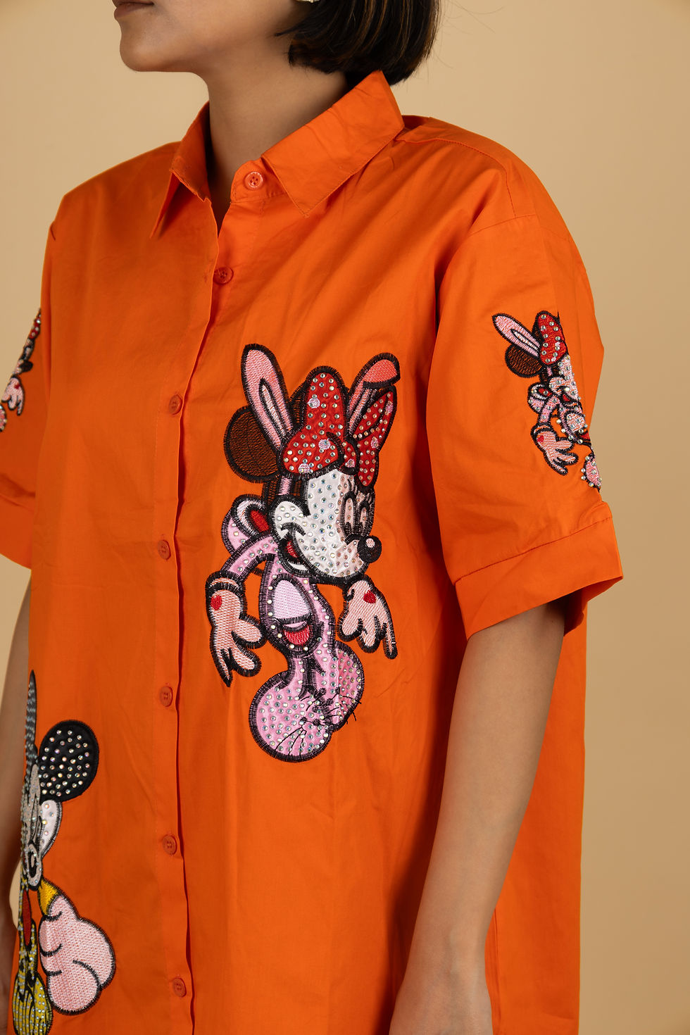 Thumbnail: AviEvie's Bright Orange Cartoon Appliqué Shirt Dress – Green Cotton-Twill Mini T