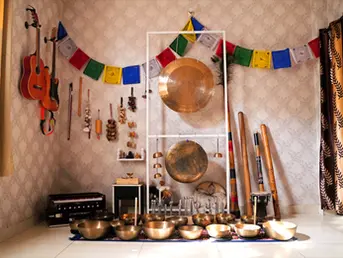 Sound healing instruments used in the teacher training course at Ananda Dhwani, Rishikesh.
