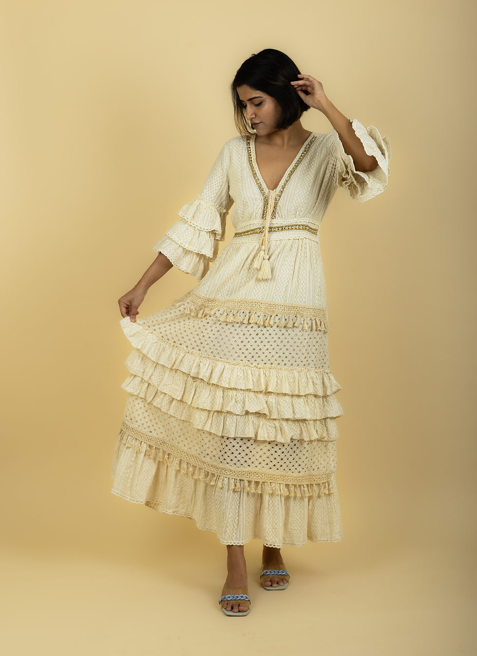 Thumbnail: AviEvie's Boho Lace Tiered Maxi Dress with Ruffle Bell Sleeves & Tassel V‑Neck –