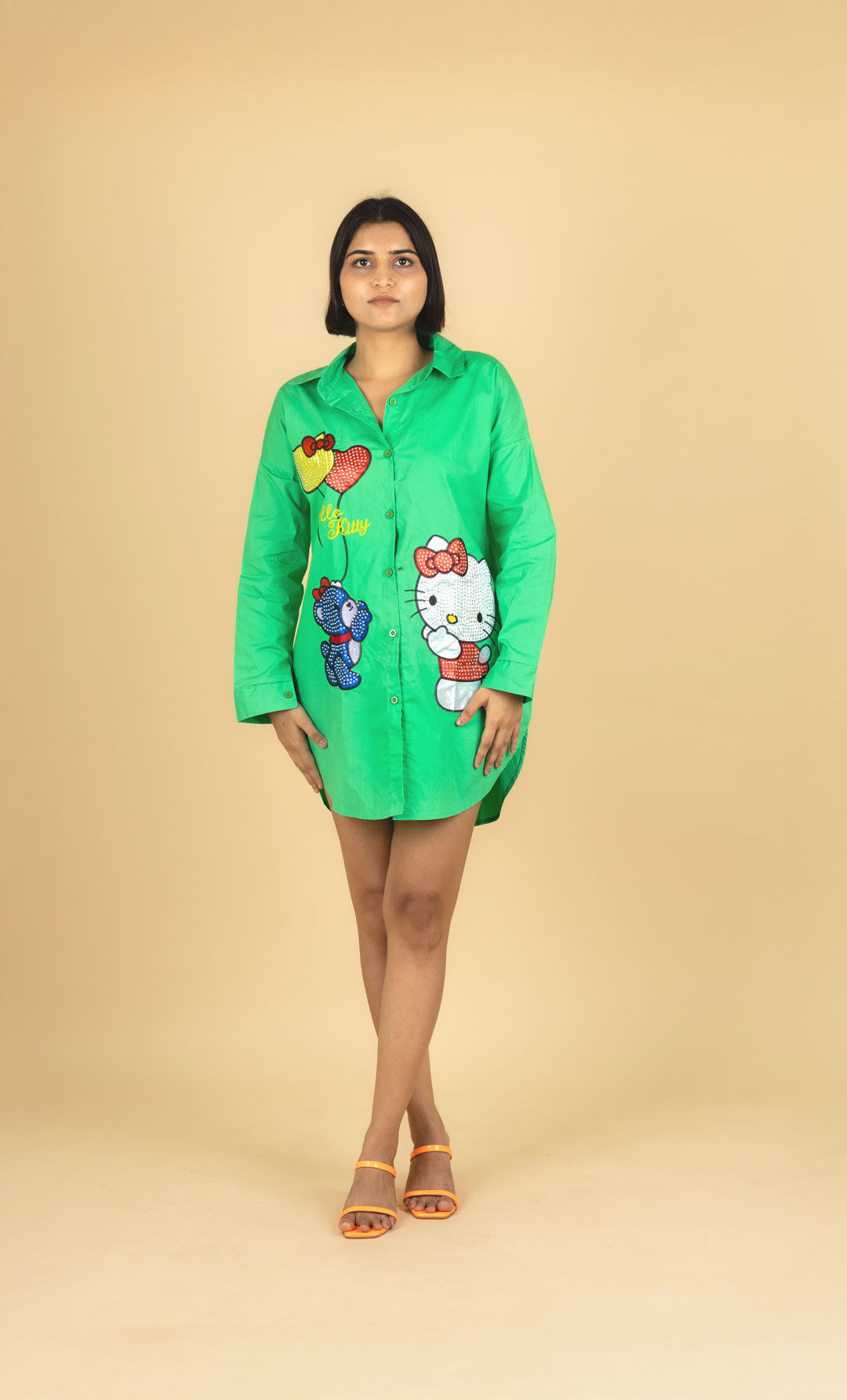 AviEvie's Green Hello Kitty Sequin Shirt Dress – Long Sleeve Cotton-Twill Mini T