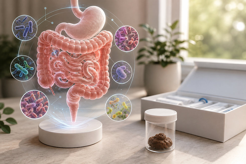 GI mapping test illustration showing a digestive system, gut microbiome, and stool sample testing kit for gut health evaluation.