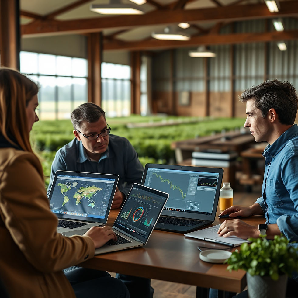 Consultants with laptops analyzing workforce data at a farm office..jpg