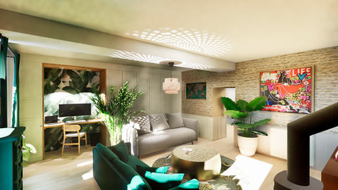 Rangements et bureau dans un salon