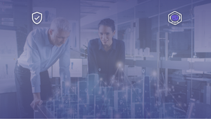 A man and a woman in an office looking at digital architecture