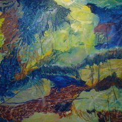 shades of blues, greens and deep red form an abstract meadow