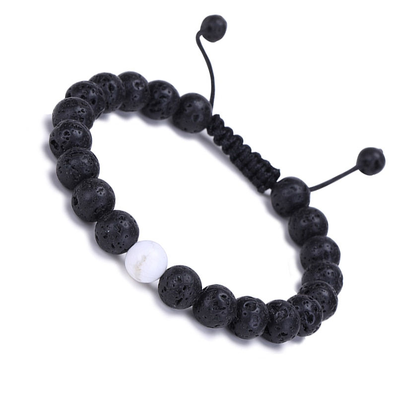 Thumbnail: Energy 2 pcs Healing Round Black Lava & White Howlite Bracelet | Matching Couple