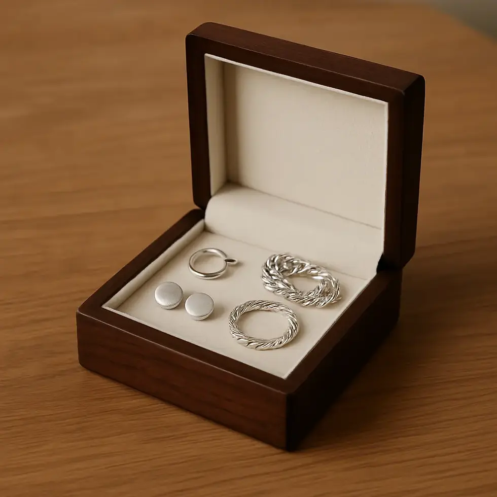 Silver jewellery in a jewellery display box.