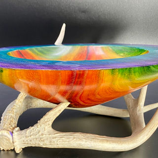 Wood turned bowl dyed carved and inlaid on a deer antler base