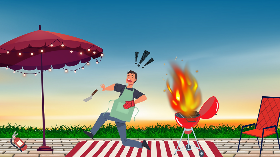 Man in apron and oven mitts reacting in shock as a grill catches fire. Red umbrella and chair, grassy background, sunset sky.