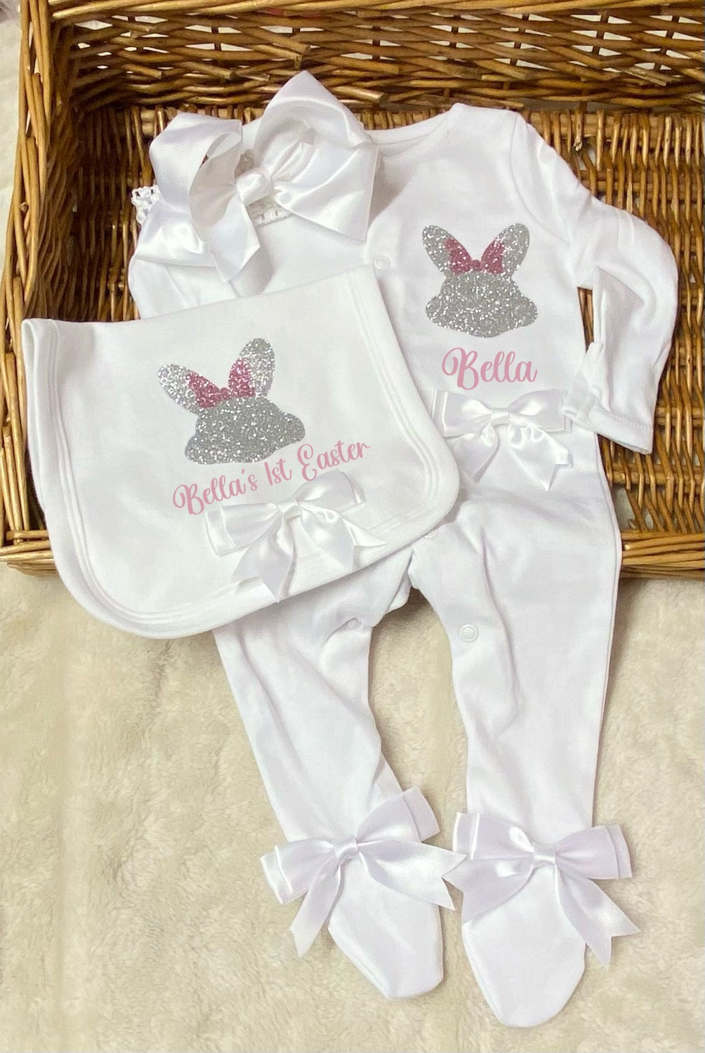   EASTER Baby  SLEEPSUIT set with bows FREE BIB 