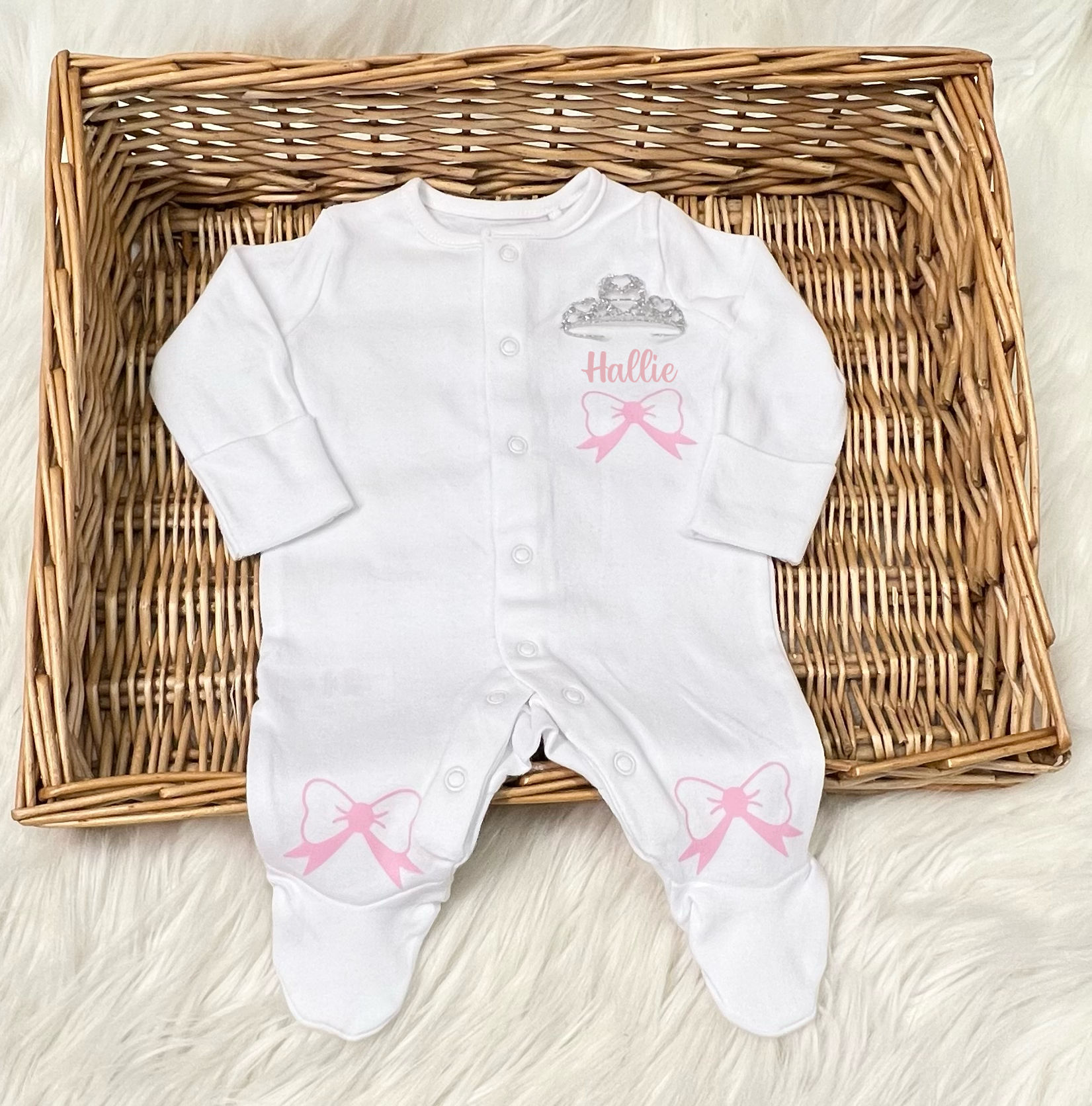 Personalised sleep suit any character with printed bows 