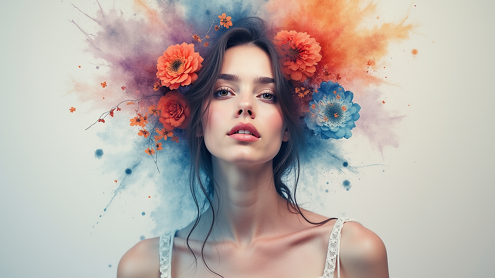 Eye-level view of a watercolor painting featuring a surreal female figure surrounded by abstract elements