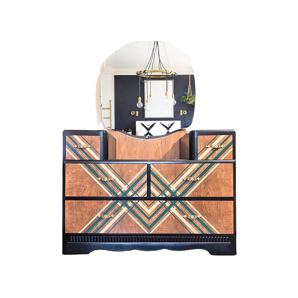 Upcycled Art Deco dressing table featuring a striking green and gold geometric pattern