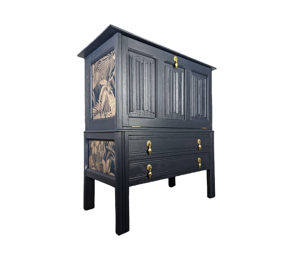 Vintage oak cupboard refinished in midnight blue colour and featuring palm leaf decoupage on the sides and on the inside