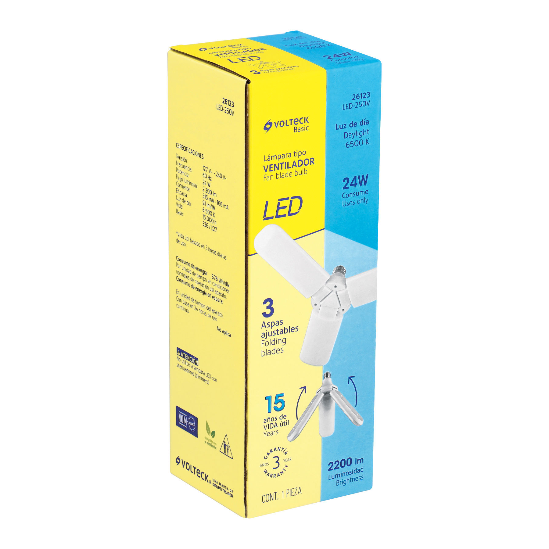 LED-250V Lámpara LED tipo ventilador 24W, 3 aspas, 6500K, BASIC Código: 26123