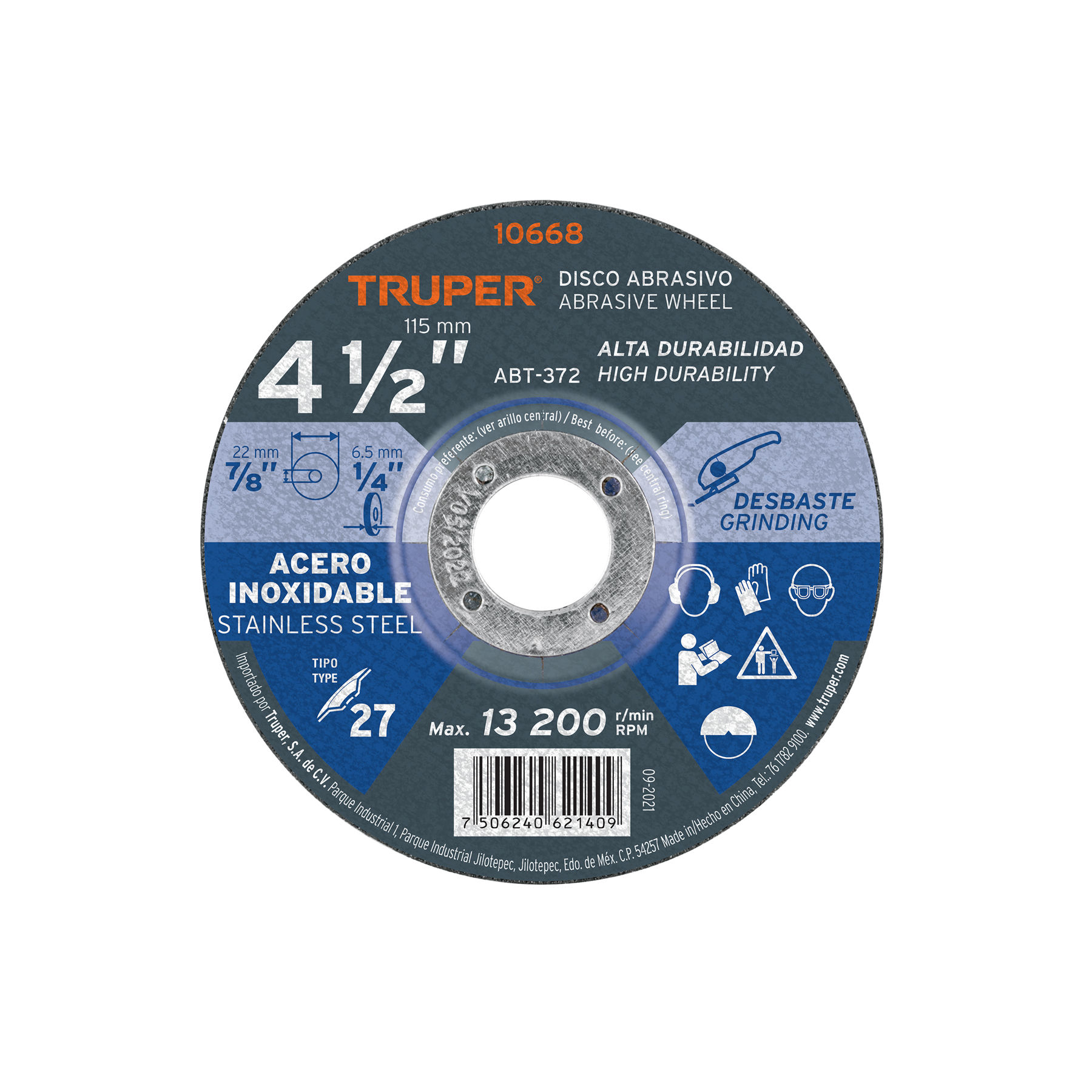ABT-372 Disco Tipo 27 de 4-1/2' x 6.5 mm desbaste acero inoxidable Código:10668