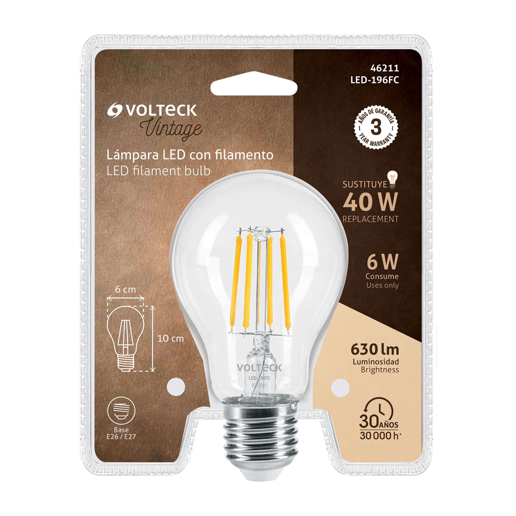 LED-196FC Foco LED filamento 6 W, A19, 2700K luz ambar, E26, Código: 46211