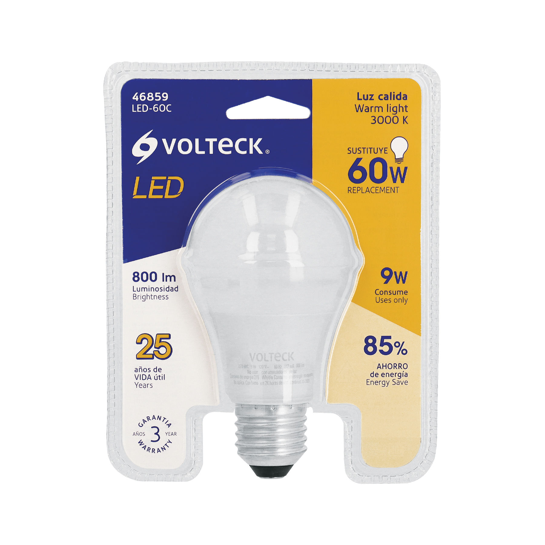 LED-60C Foco LED 9W (60W) A19, 3000K blanca cálida, 800 lm, blíster Código:46859