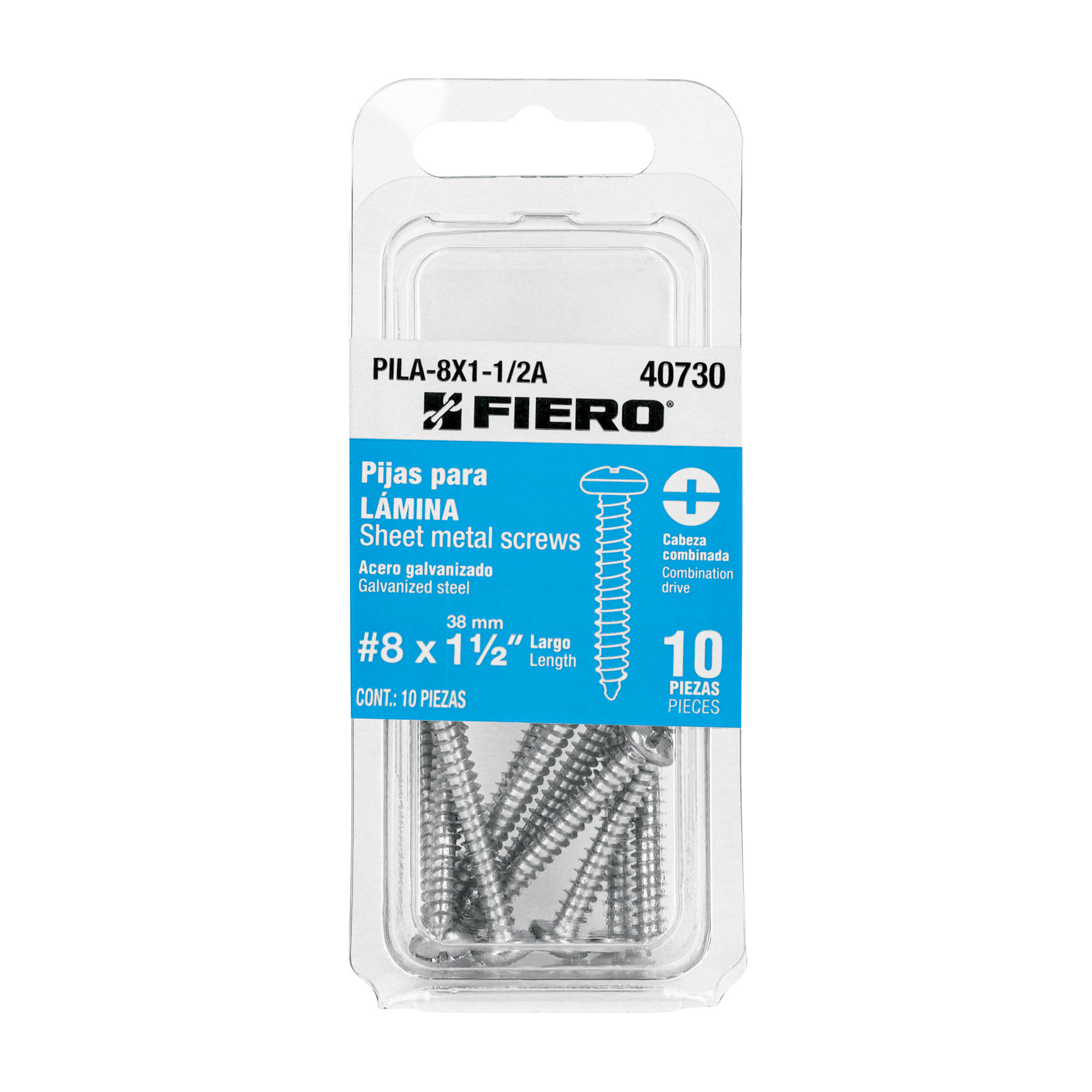 PILA-8X1-1/2A Blíster con 10 pijas para lámina, #8 x 1-1/2', FIERO Código: 40730