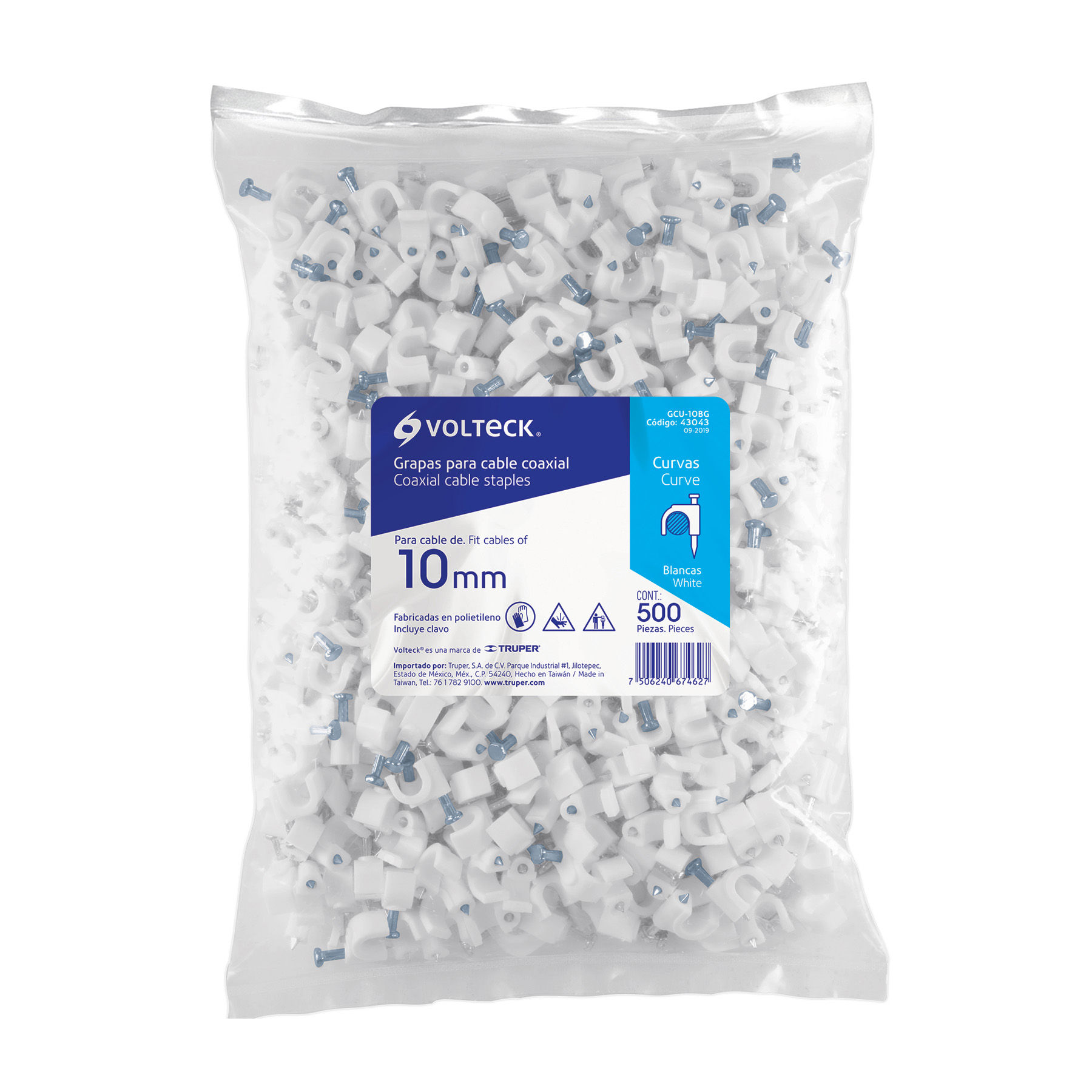 GCU-10BG Bolsa con 500 grapas blancas de 10 mm para cable redondo Cód: 43043