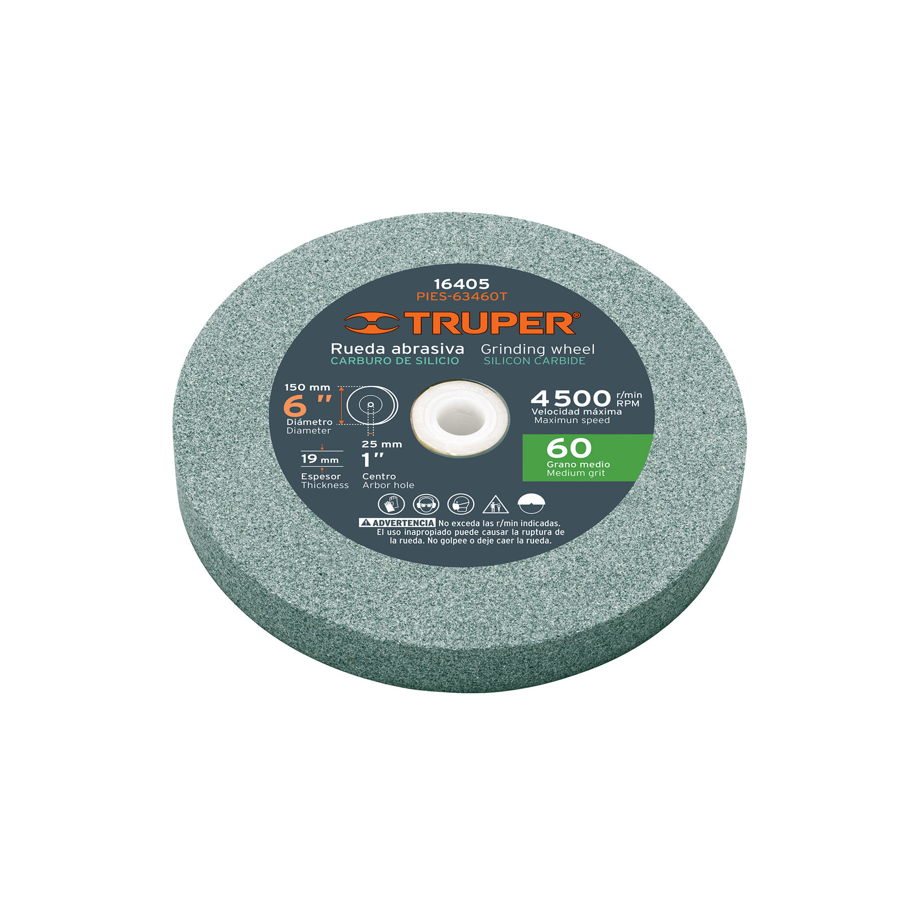 PIES-63460T Rueda abrasiva esmeril 6'x19mm, carburo silicio, grano 60 Códi:16405