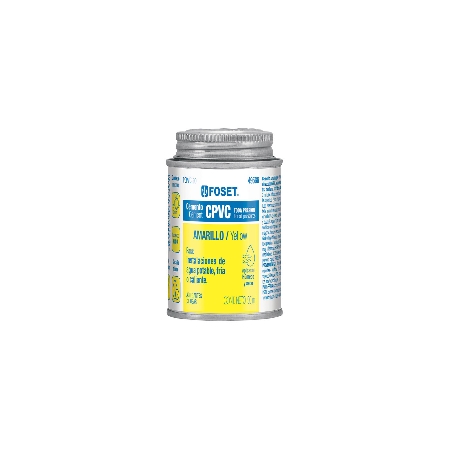 PCPVC-90 Cemento p/CPVC, amarillo, toda presión, lata 90ml, FOSET Código: 49566