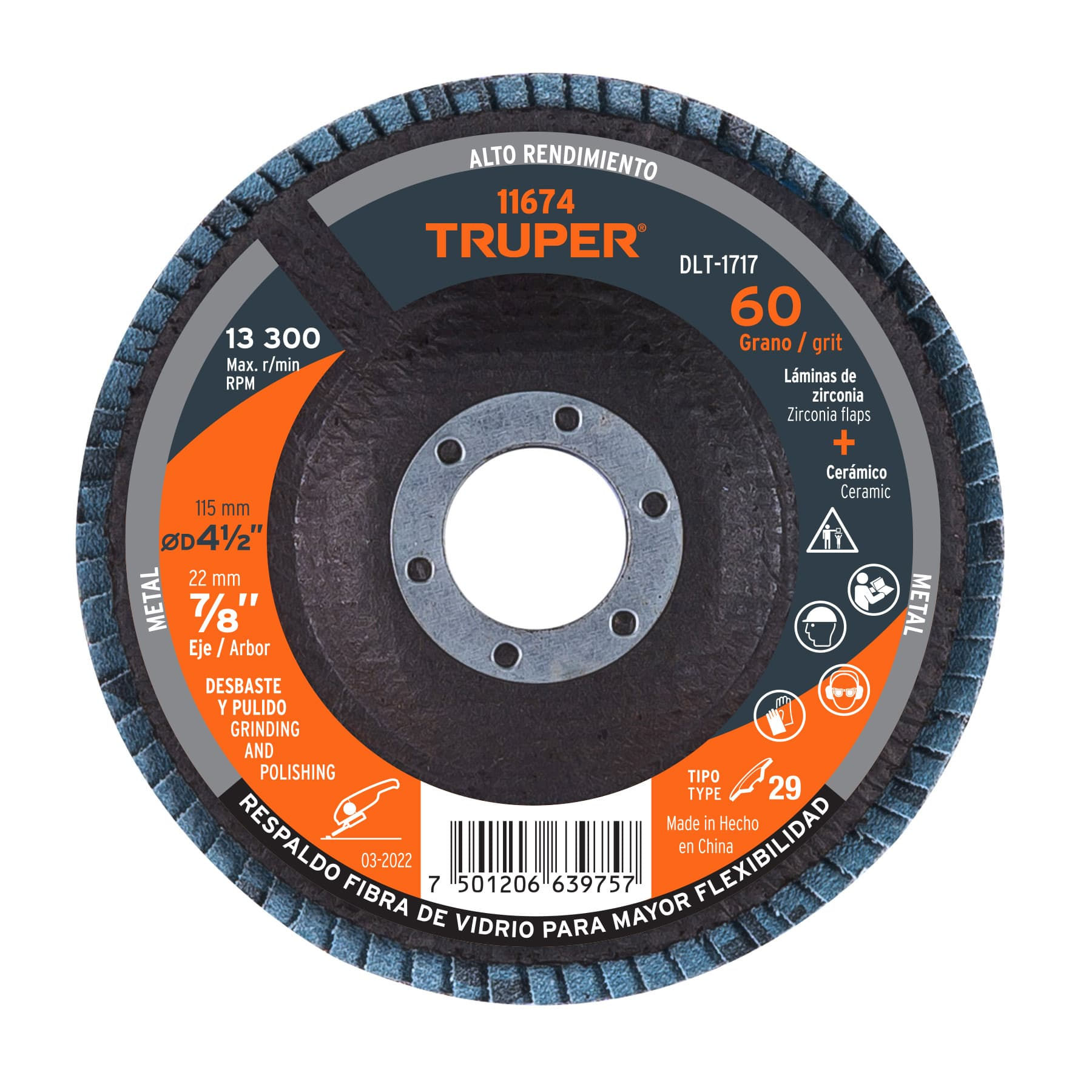 DLT-1717 Disco laminado 4-1/2', grano 60 centro 7/8', fibra, TRUPER Código:11674