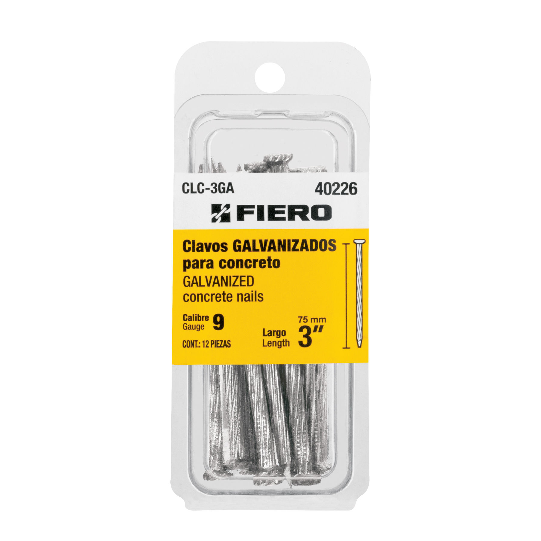 CLC-3GA Blíster con 12 clavos galvanizados para concreto 3', FIERO Código:40226