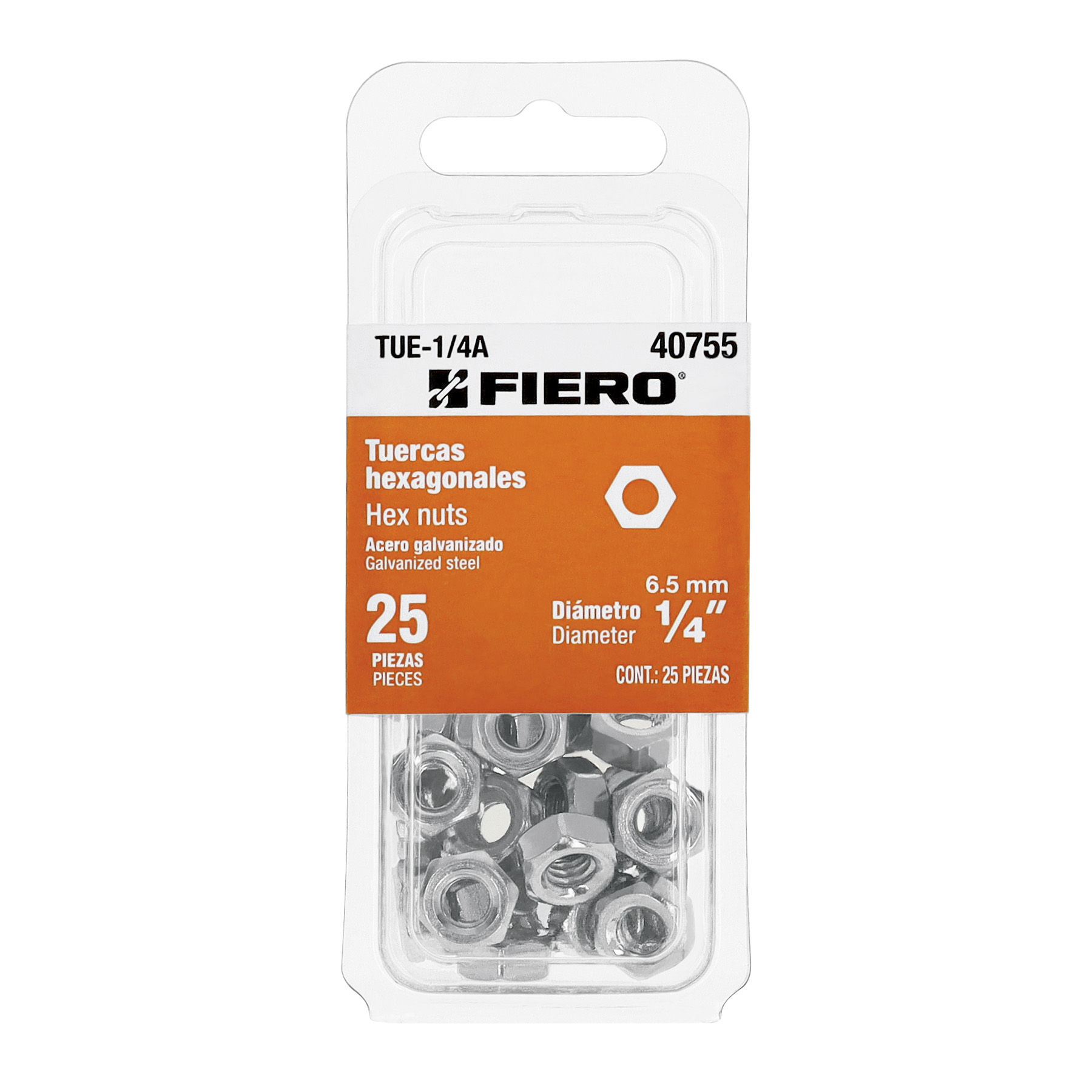 TUE-1/4A Blíster con 25 tuercas 1/4' hex de acero galvanizado Código:AQ258