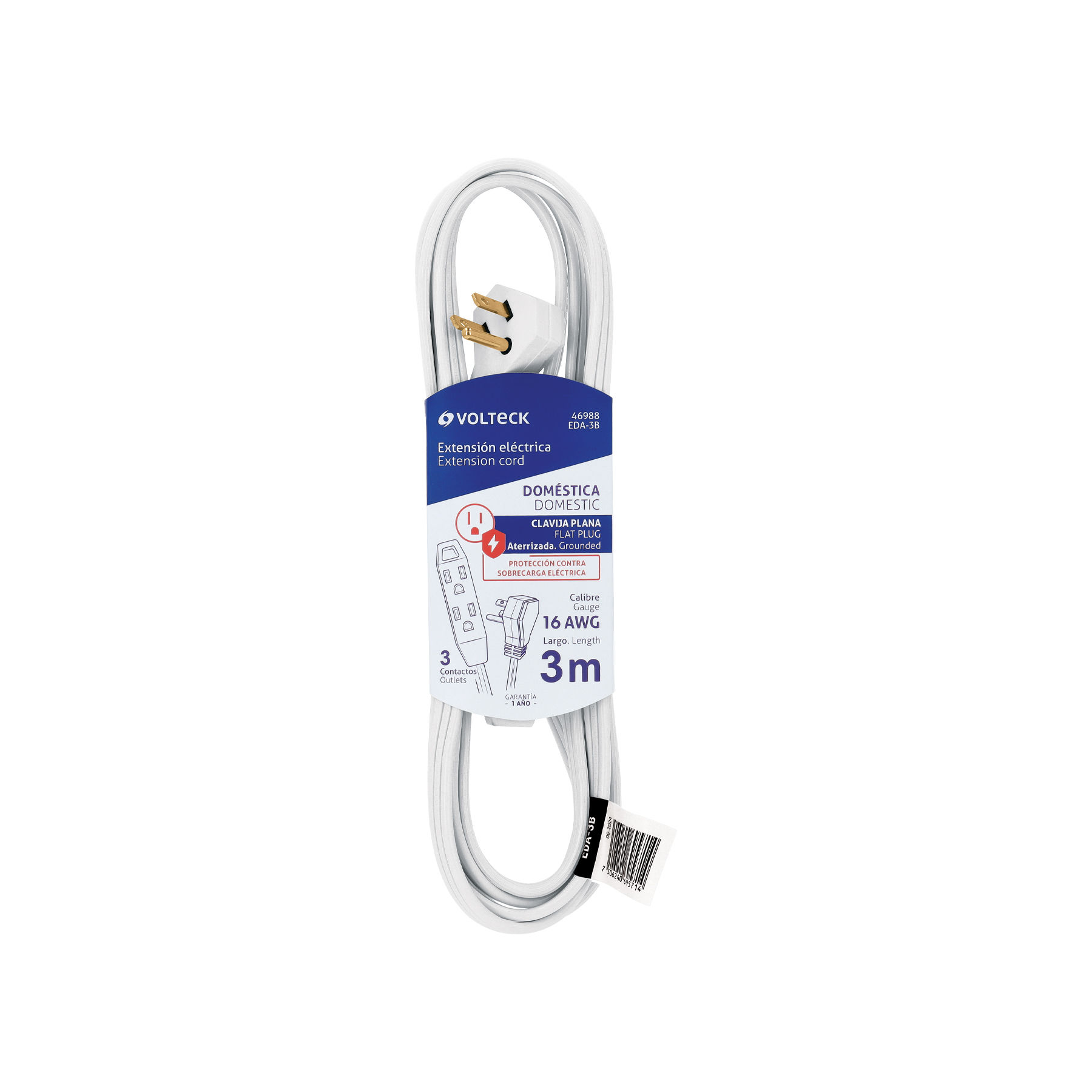 EDA-3B Extensión doméstica aterrizada 3 m blanca con clavija plana Código: 46988