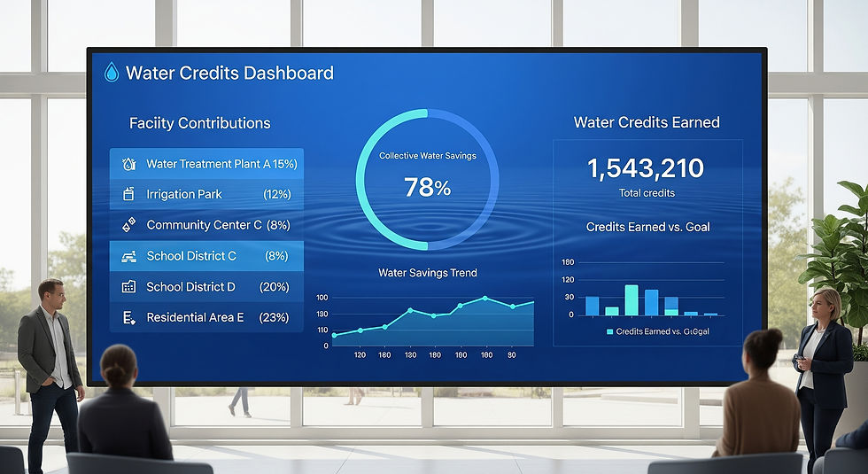 Water Credits Dashboard, highlighting a 78% collective water savings and over 1.5 million credits earned, with contributions from various facilities such as School District D and Residential Area E.
