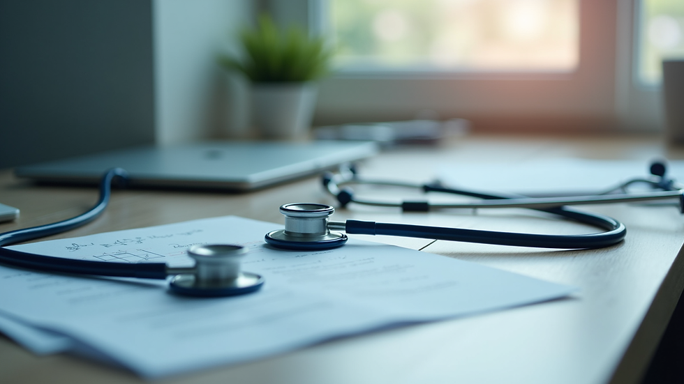 Close-up view of medical training materials and a stethoscope on a desk
