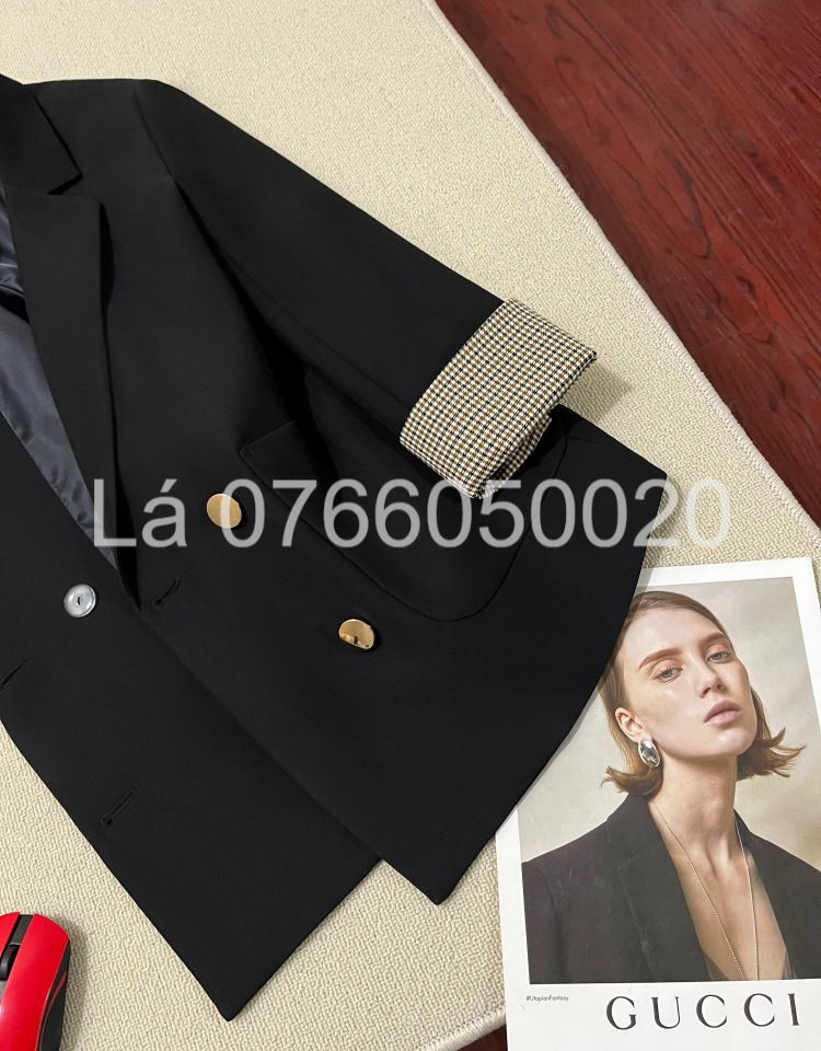 Hình thu nhỏ: Áo Blazer tay lỡ caro - Màu đen