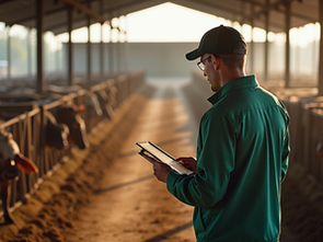     Employee reviewing documentation in barn