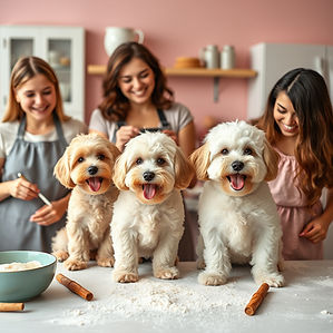 baking session with happy cavoodle dogs and people in a pastel backdrop.jpg