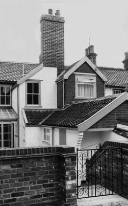 Rear aspect of terraced houses - some white, some brick - with outbuildings attached to the rear. A brick wall and a gate also feature