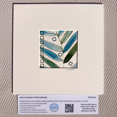 Watercolour artwork of a series of leaves with a stitched design embroidered onto the paper. Underneath is info about the piece, and a QR code