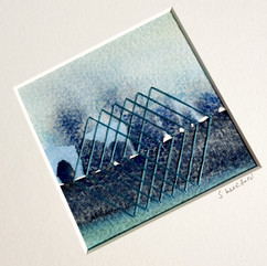 Watercolour artwork with a stitched design embroidered onto the paper. Underneath is info about the piece, and a QR code