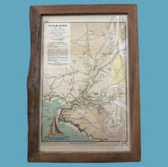 Maritime chart of the River Yealm with a sailing boat stitched onto it