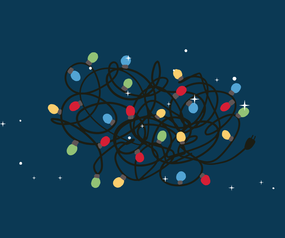 Blue background with coloured Christmas lights jumbled up, with sparkle highlights