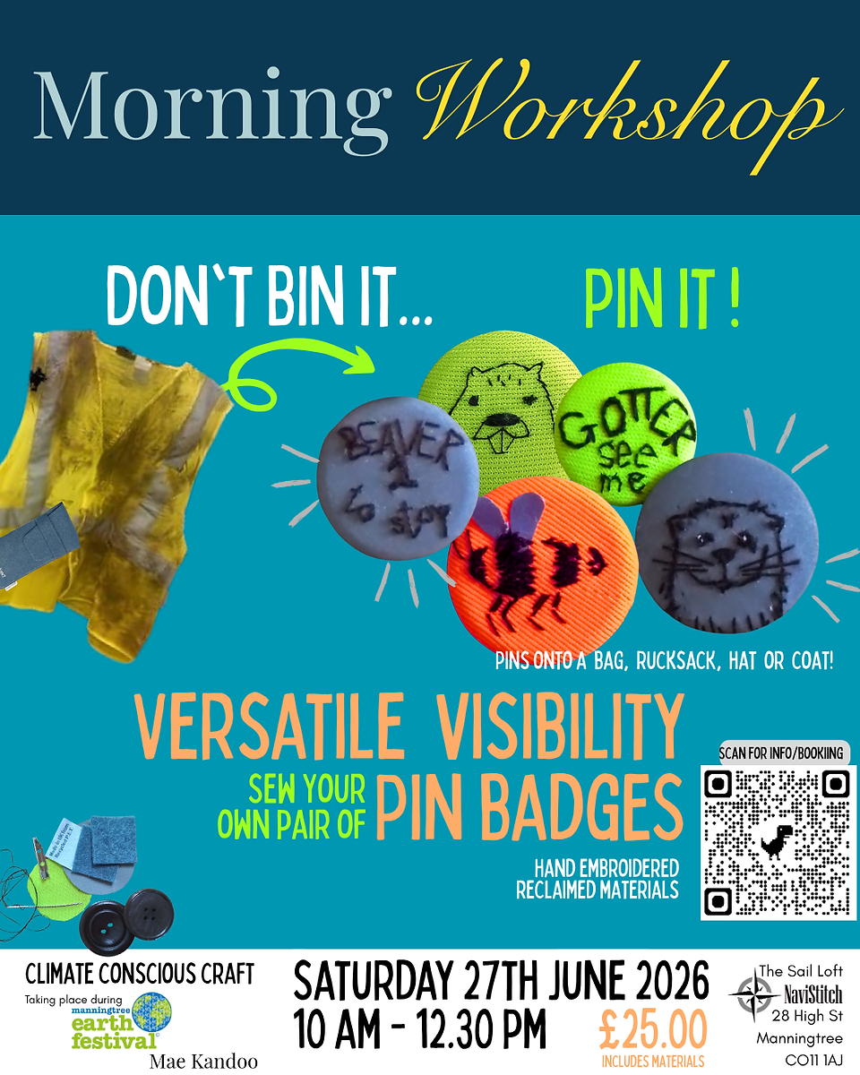 Pictures of pin badges with embroidered messages and a piece of dirty clothing, all advertising a versatile visibility pin badges workshop