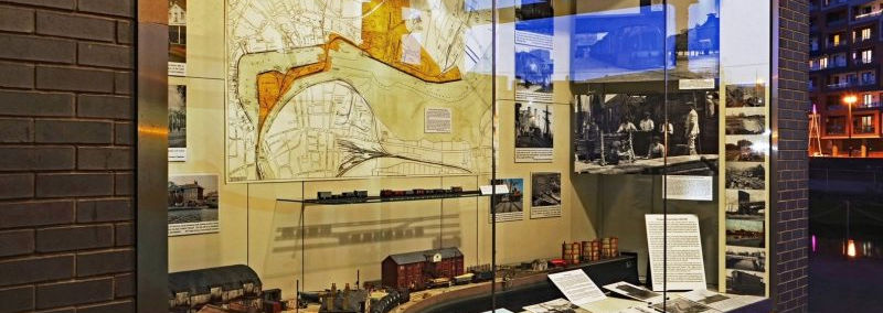Window display showing DockRailway artefacts and paperwork/posters
