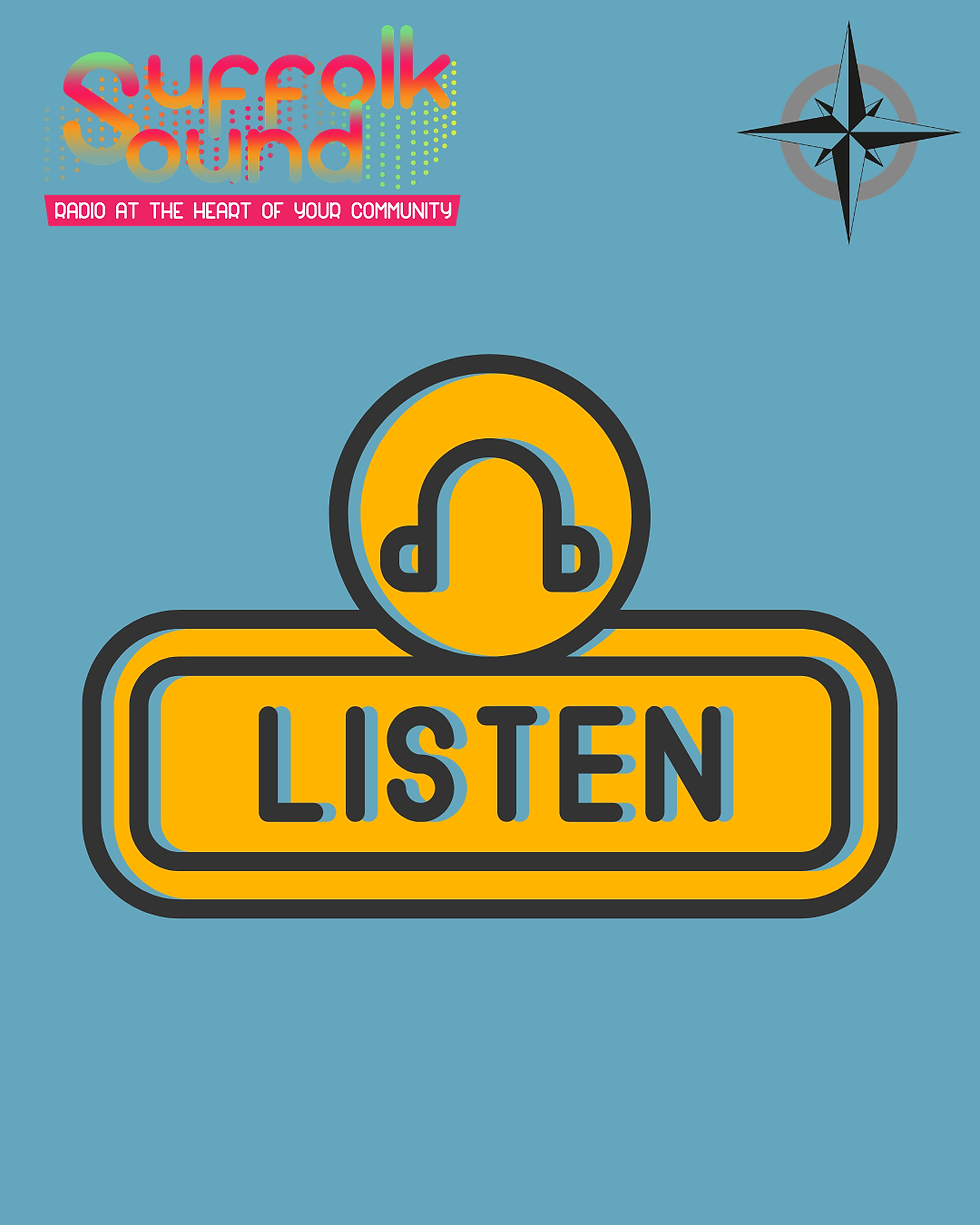Compass design on blue. Text: Suffolk Sound, "Radio at the Heart of Your Community." Yellow "Listen" button with headphone icon.