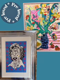 Two framed pictures - one of a stylised jar of flowers; one of a pop-art style Marilyn Monroe