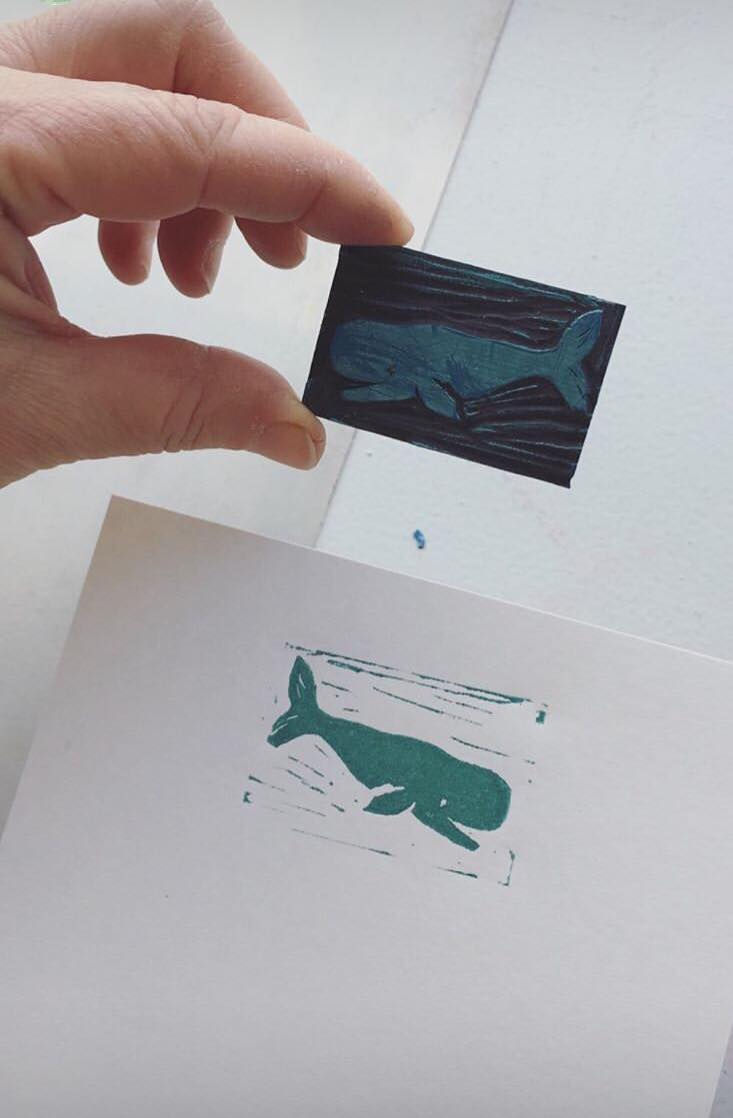 Tiny whale illustration carved and print