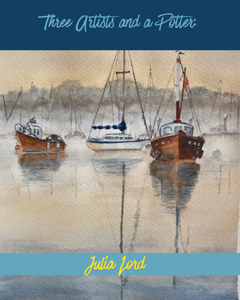 Painting of three sailing boats on water, advertising an exhibition