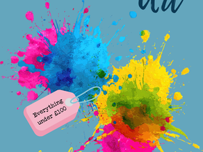 Multi-coloured paint splashes with details of an Affordable Art Exhibition (everything under £100) from 6-30th May